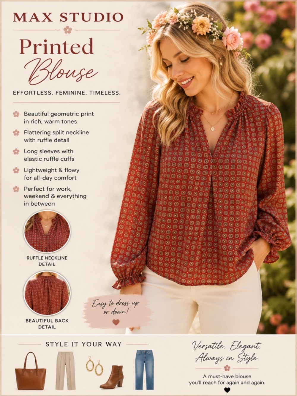Max Studio Rust Red Geometric Print Ruffle Blouse Size S